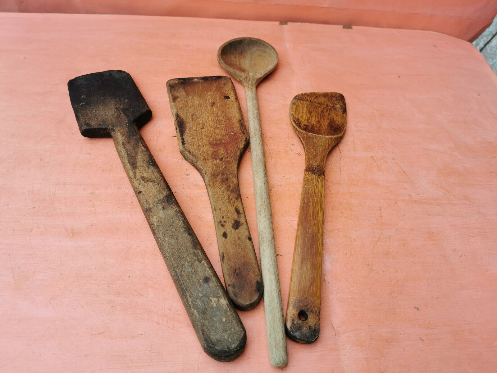 OLD ANTIQUE PRIMITIVE WOODEN HANDMADE RARE CARVED SPOONS PADLE - LOT OF 4