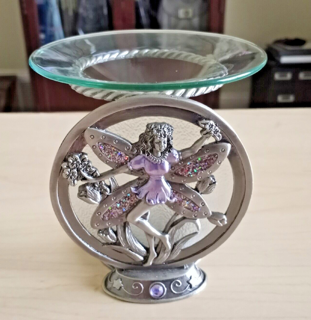 Vintage Wax or Oil Warmer Metal Pewter Fairy Sculpture With Glass Bowl 4.5 in