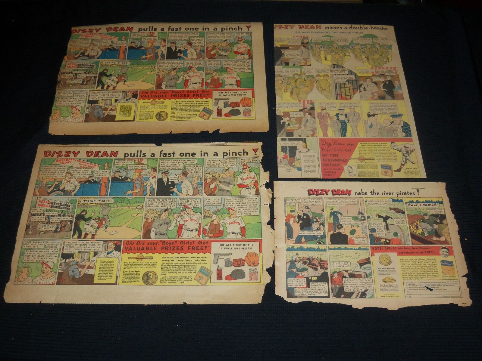 1935-1936 DIZZY DEAN GRAPE NUTS COLOR COMICS ADS LOT OF 4 - NP 1847D