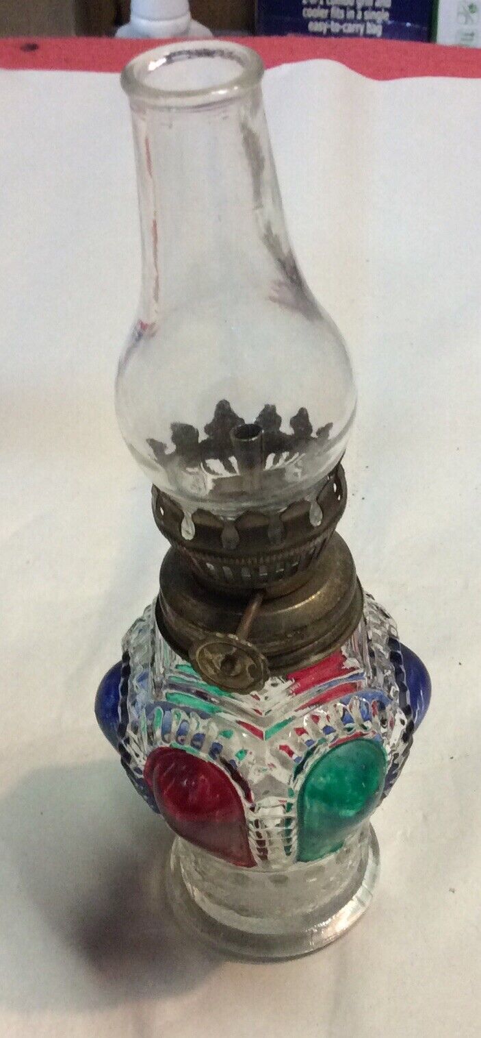 Vintage Oil Lamp Multicolored 8” Height Made In Hong Kong.