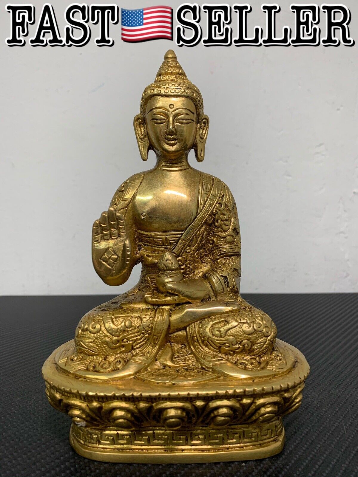 7” Brass Buddha Idol Statue Blessing with Sacred Kalash & Draped in Shawl