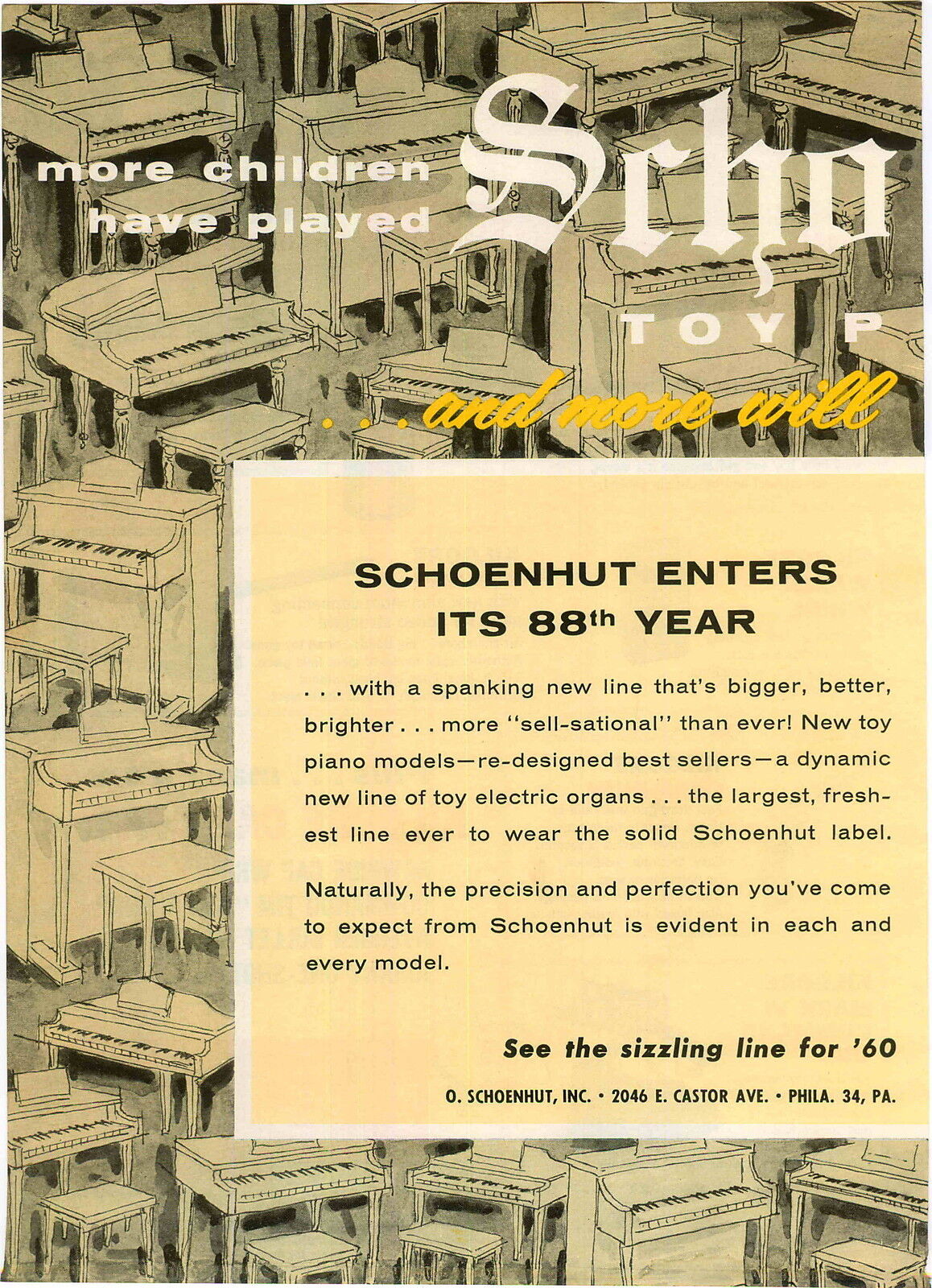 1960 ADVERT 2 PG Schoenhut Toy Piano Electric Organ Pianos 88th Year