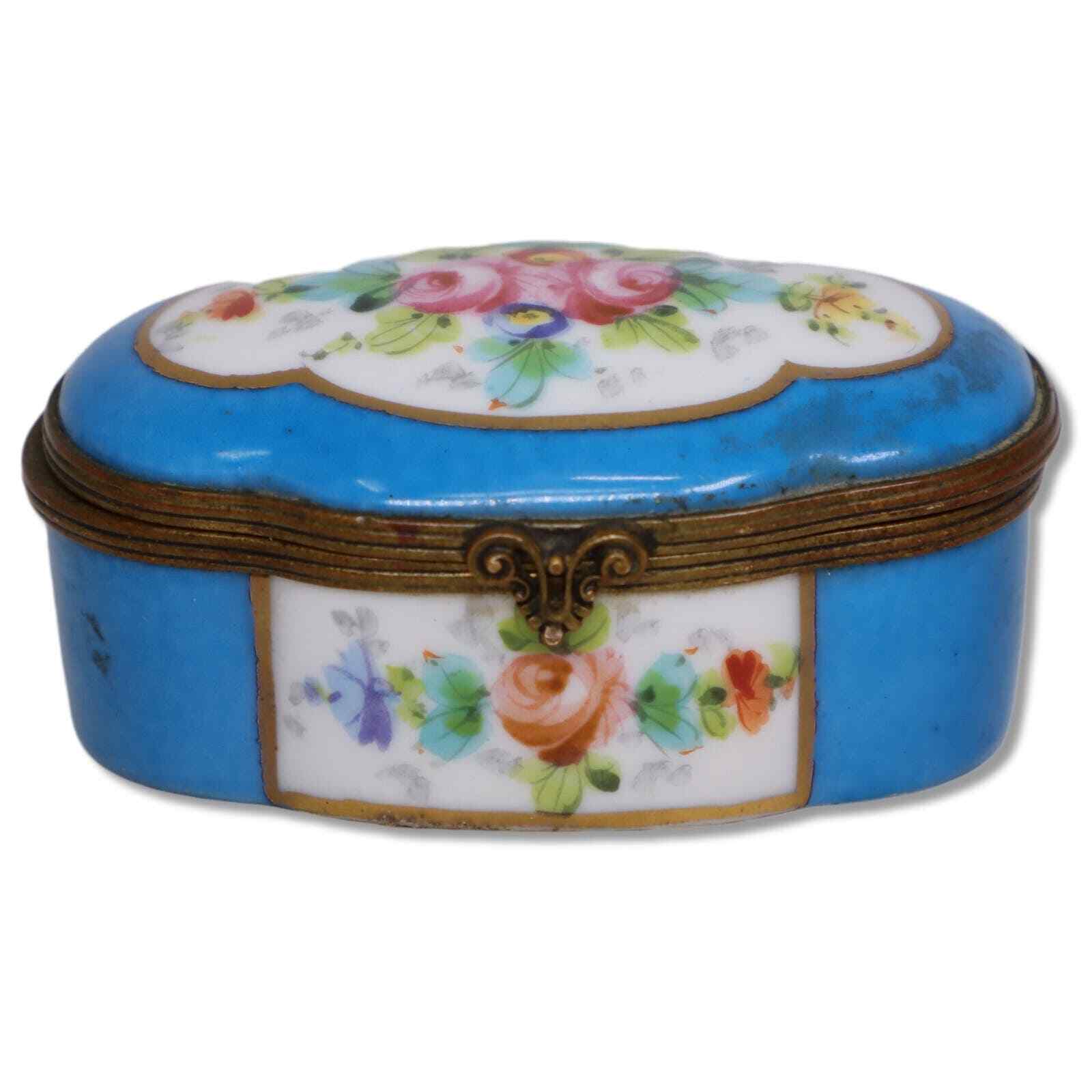 Sevres 1764 L Mark Porcelain Trinket Box Blue Floral w/ Gold France Antique