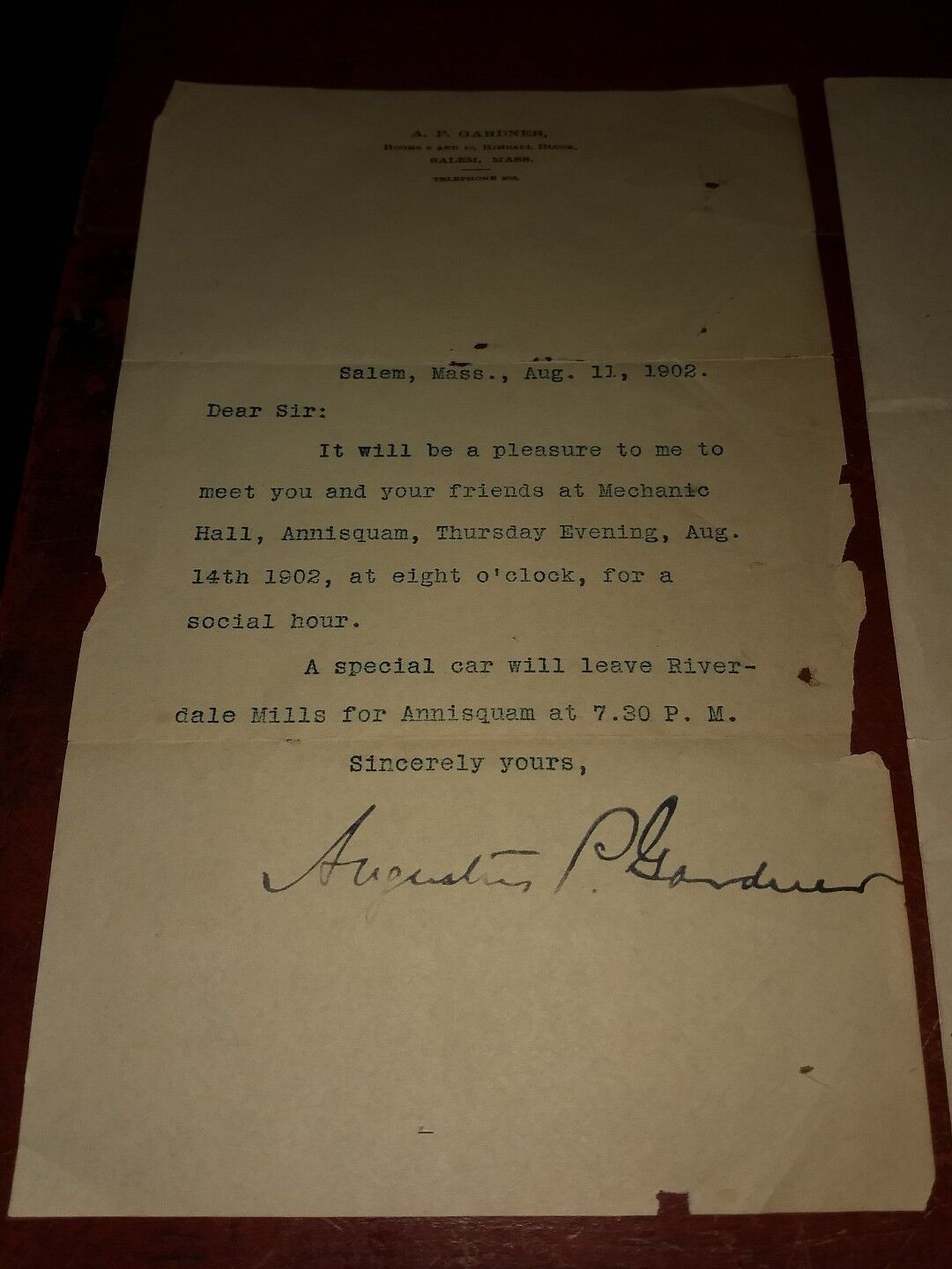 Rare Augustus Peabody Gardner hand signed social invitation,bill proposal lot