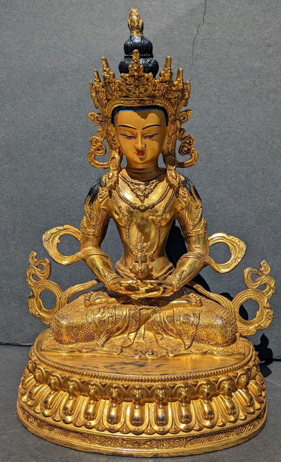 Vintage Tibetan Gilt Bronze Buddha on a Double Lotus Throne. 12” t.