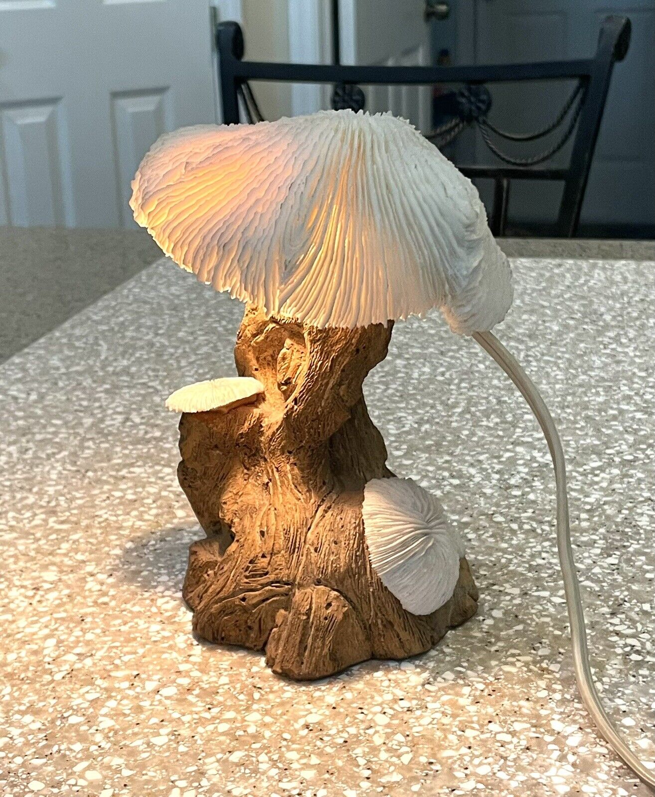 Vintage MCM White Coral Mushroom Wood Lamp Sculptured Woodcraft