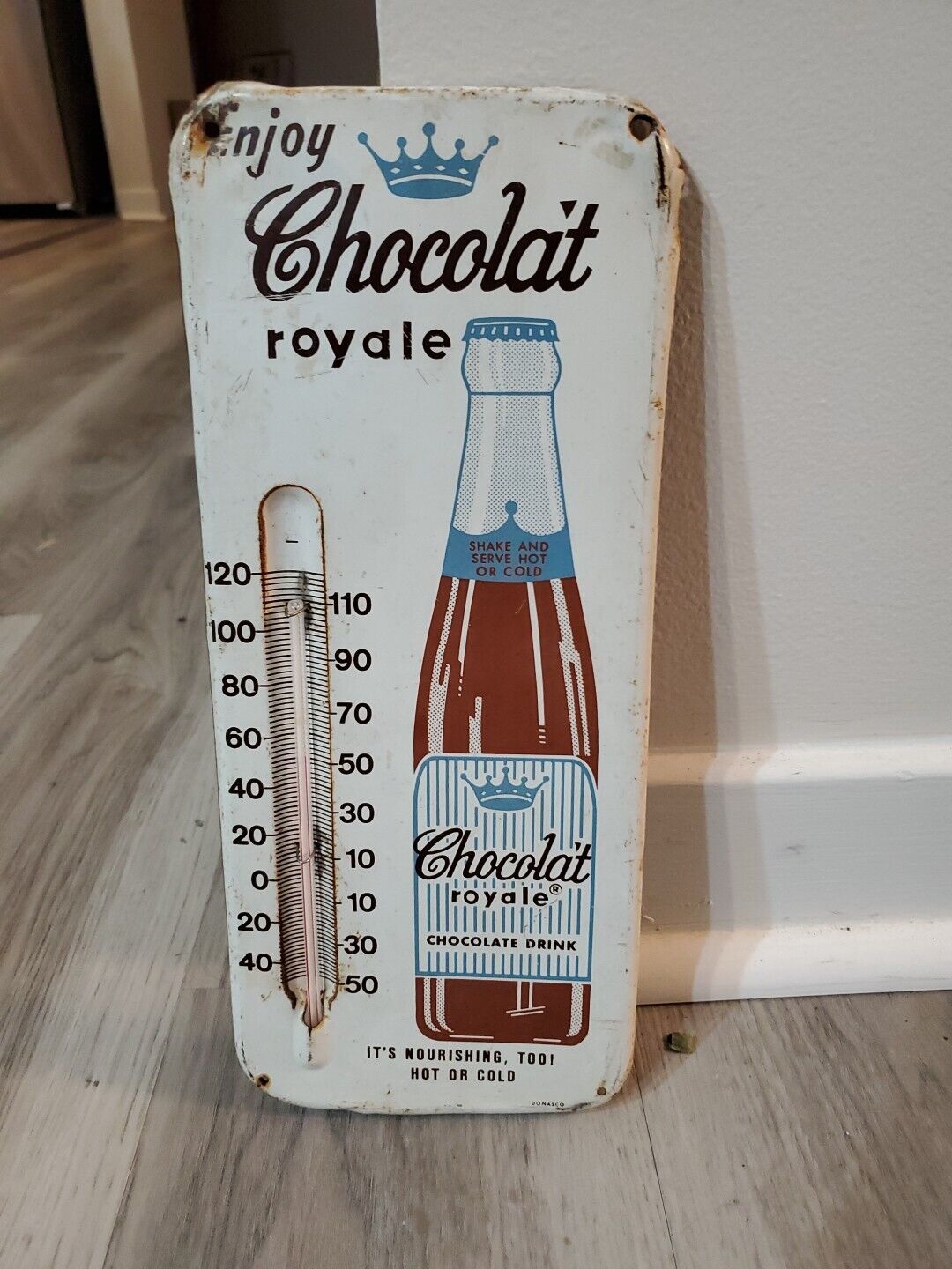 c.1950s Original Vintage Enjoy Chocolate Royale Drink Metal Sign Donasco Dairy 