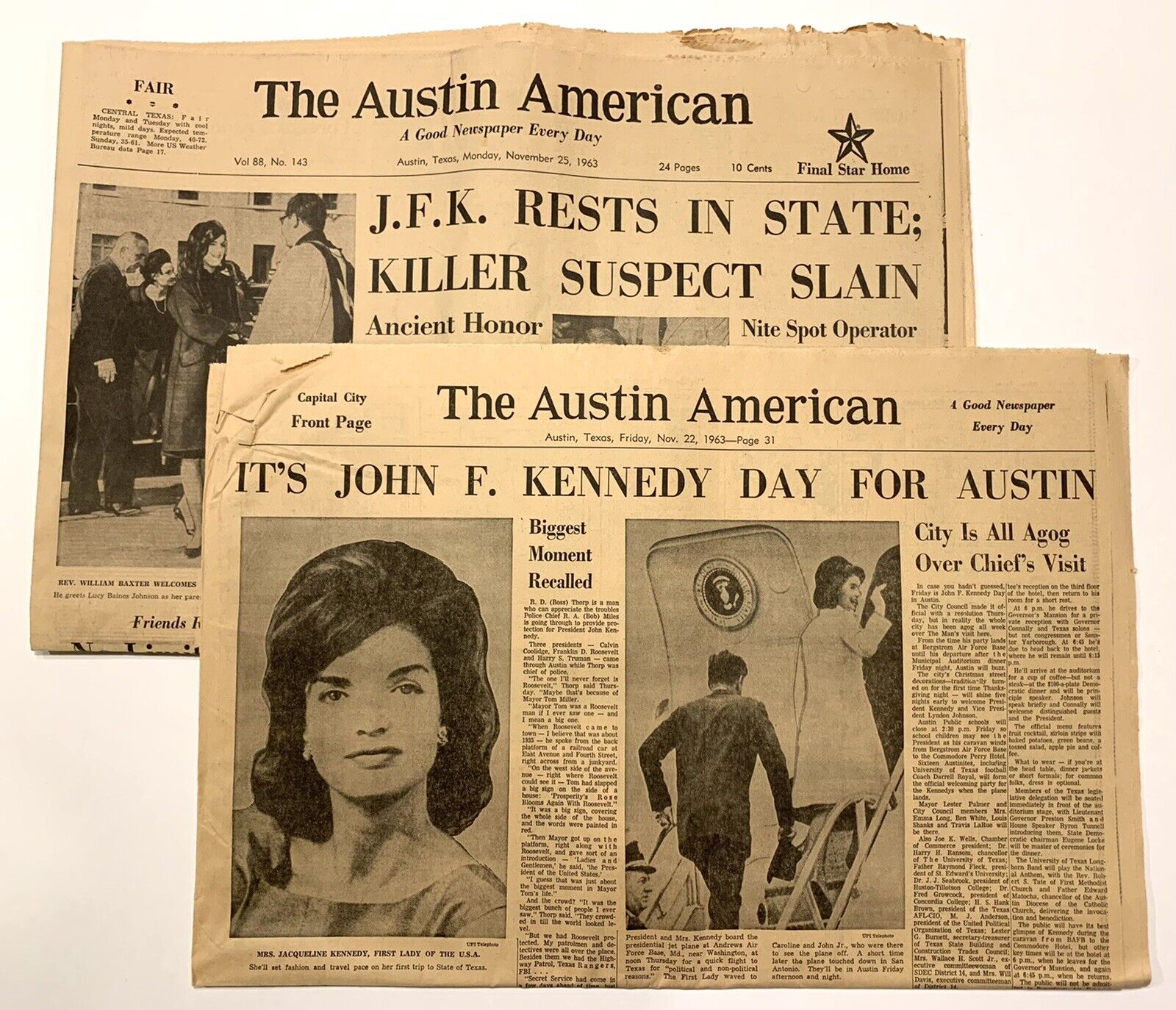 NEWSPAPER: 11-22-1963 & 11-25-1963 JFK TRAVELS TO TEXAS - Austin American