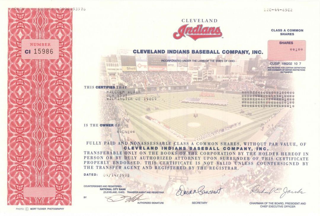 Cleveland Indians Baseball Co., Inc. - 1998 dated Major League Baseball Team Spo
