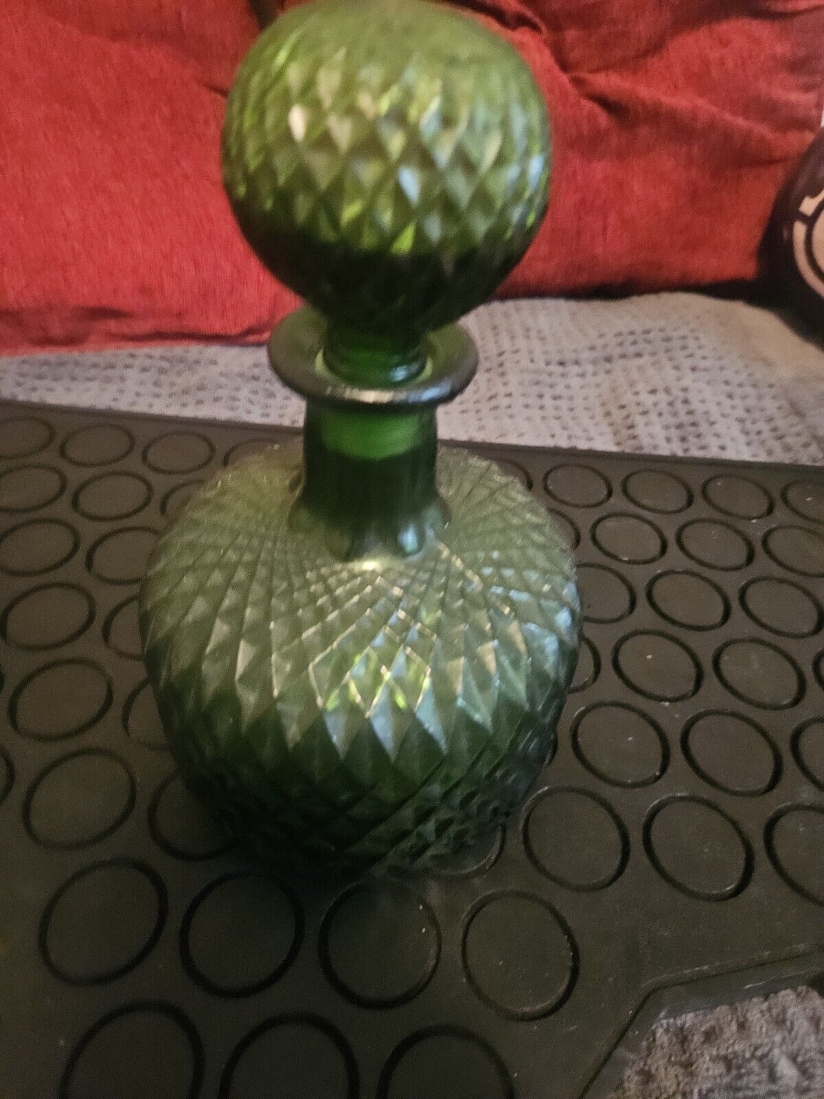Vintage Emerald Green Glass Diamond Pattern Decanter with Stopper