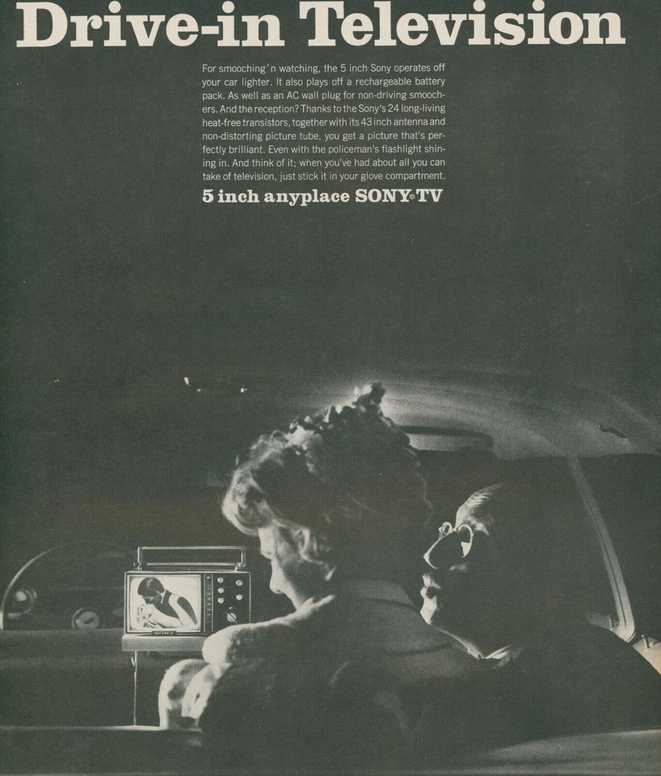 1966 Sony Television 5 Inch Anyplace Car TV On Couple Kiss Vintage Print Ad L8