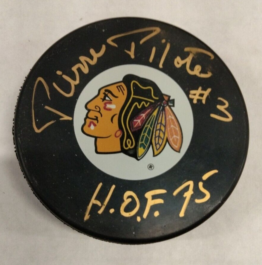 Pierre Pilote- Autographed Chicago Blackhawks Logo Puck With Hof Inscription