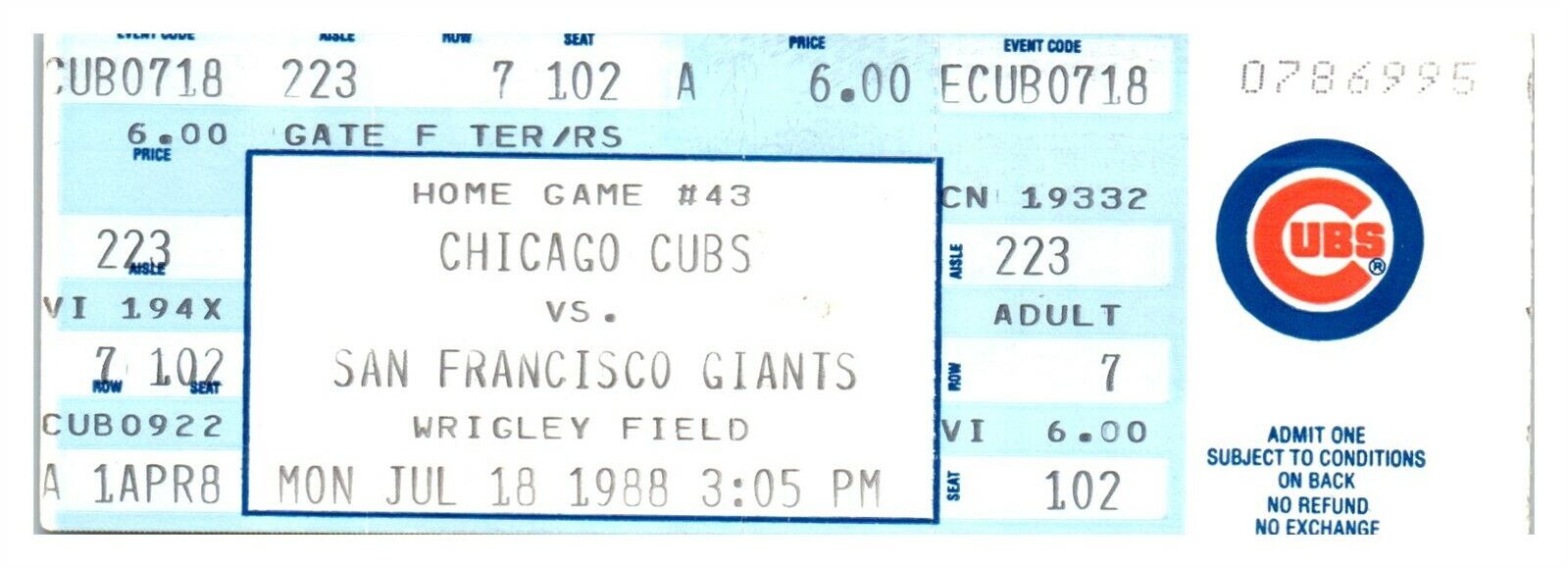 1988 Chicago Cubs San Francisco Giants 7/18 Ticket Kevin Mitchell HR *ST4A