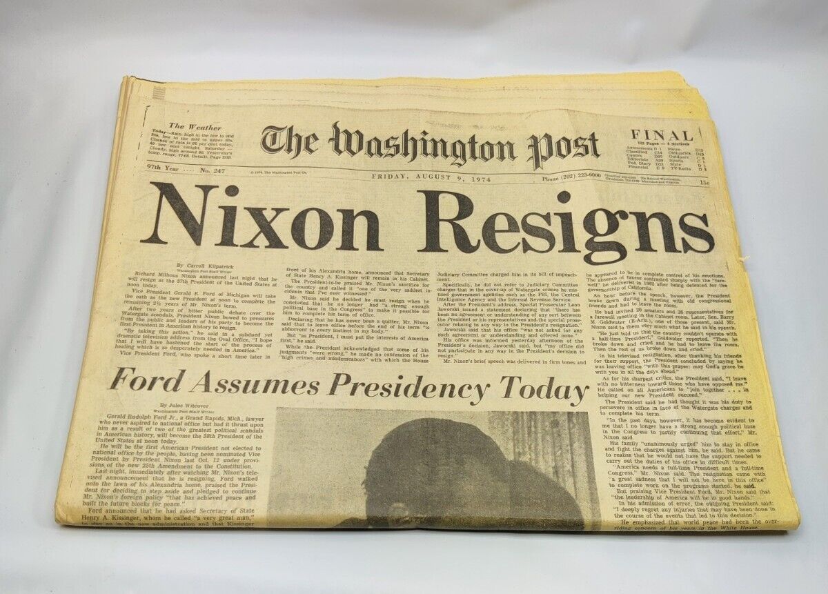 Newspapers- NIXON RESIGNS , WASHINGTON POST August 9 1974 The Best Paper To Have