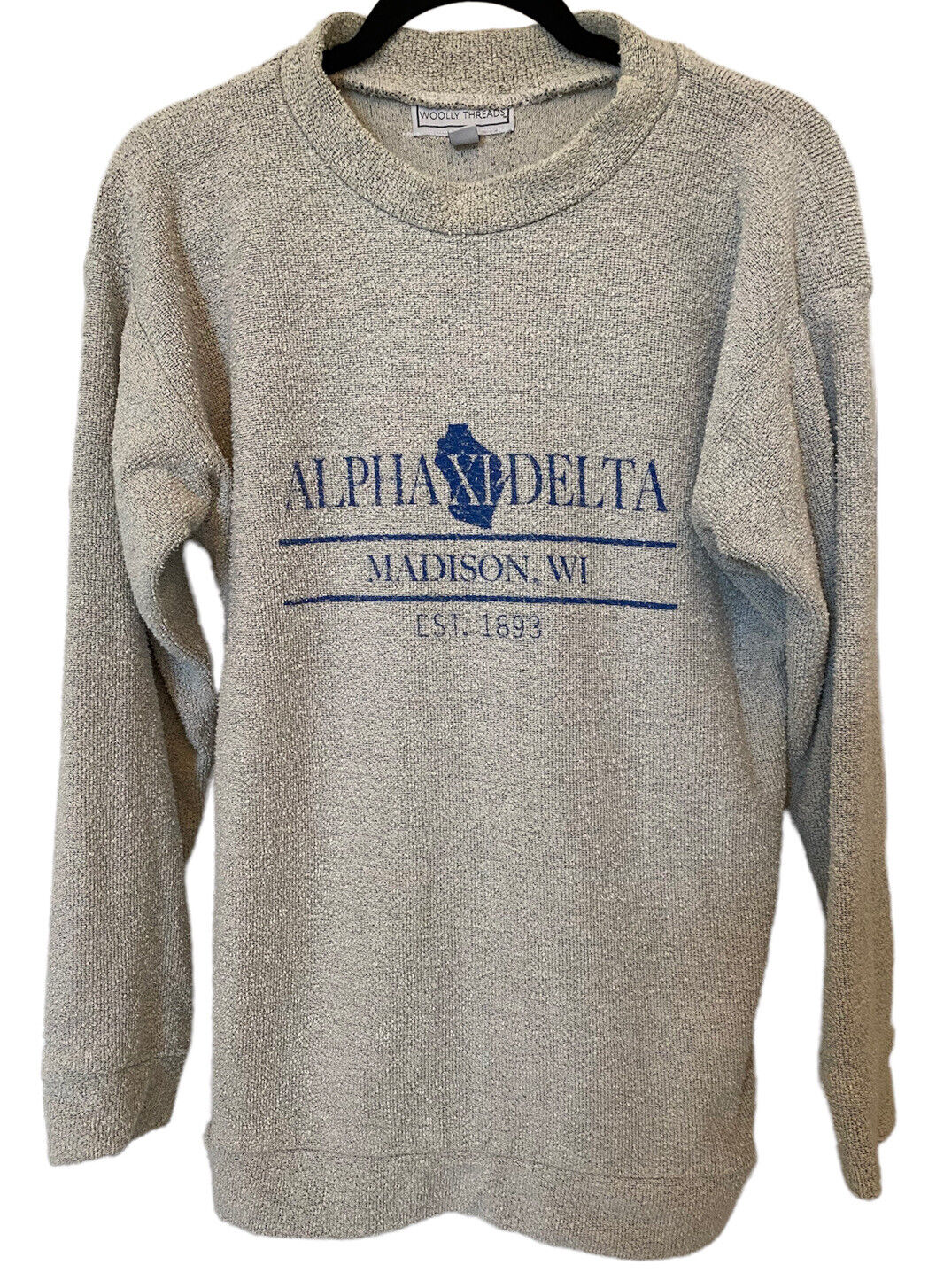 Woolly Threads Sweatshirt Alpha Xi Delta Madison WI Crewneck Sz Large Comfy EUC