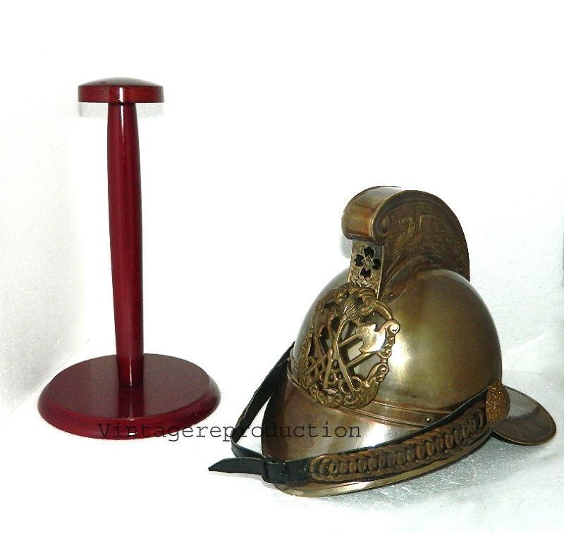 antique full brass chief style British Fireman Helmet whit wooden stand Replica