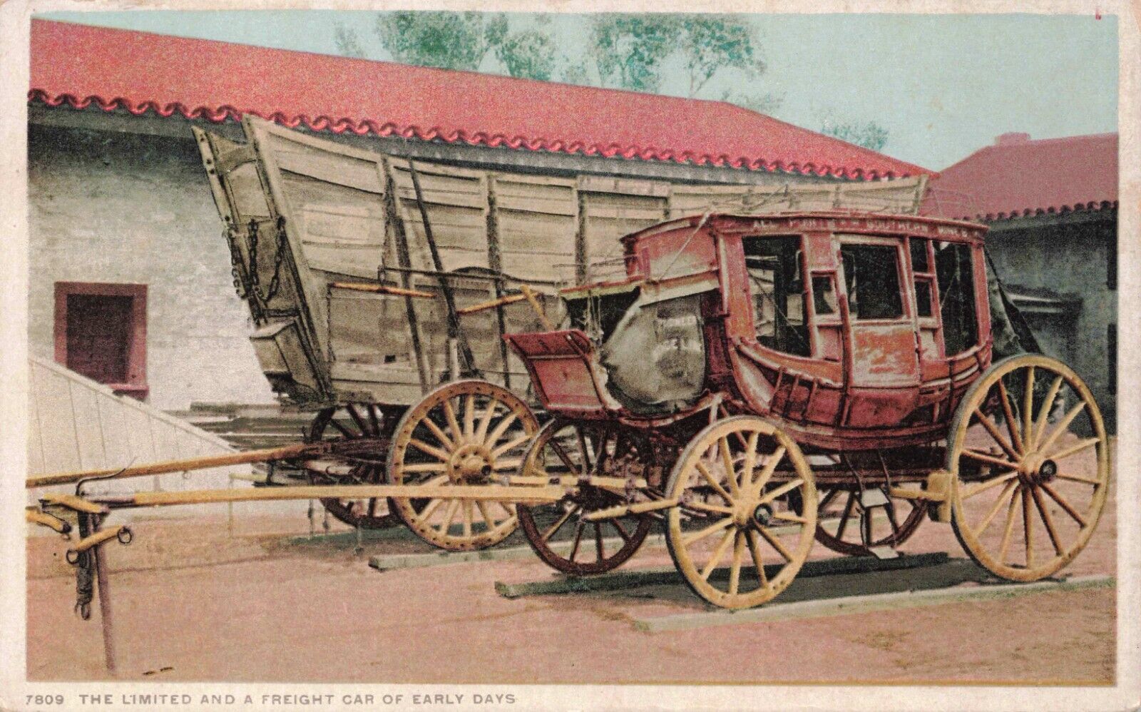 Lovely Phostint of Stagecoach & Freight Car of Early Days Vintage Postcard