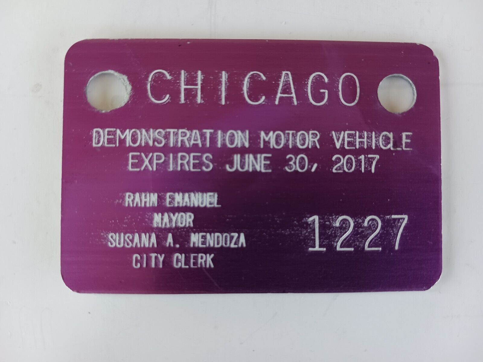 2017 Chicago Illinois Vehicle Tax Demonstration Motor Vehicle License Tag 1237