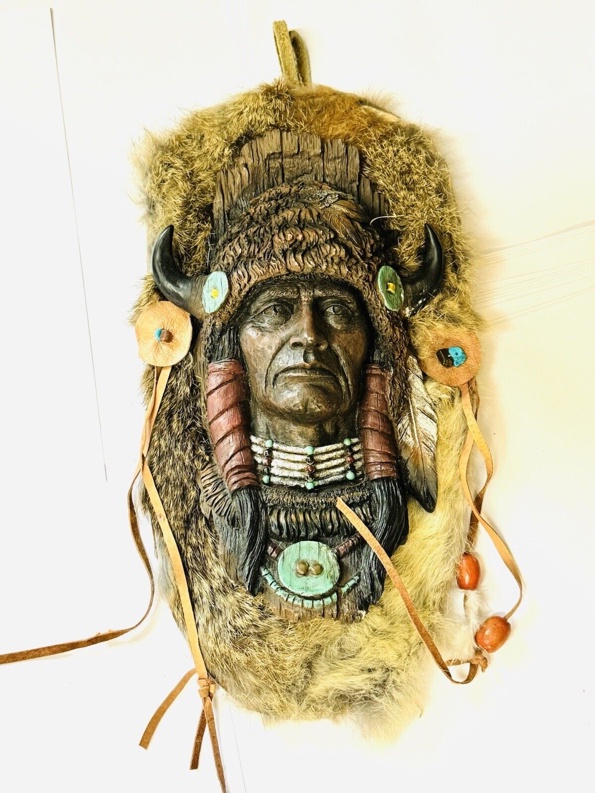 Vintage Native American Plaque Wall Decor with Fur And Feather