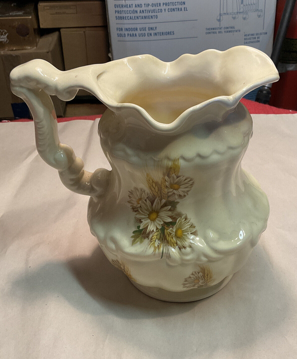 VTG ceramic Floral water pitcher , 8” Height,6” Width. Beige Color.