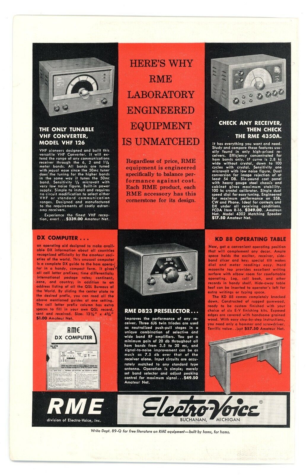 QST Ham Radio Magazine Print Ad RME Laboratory Engineered Electro-Voice (8/59)