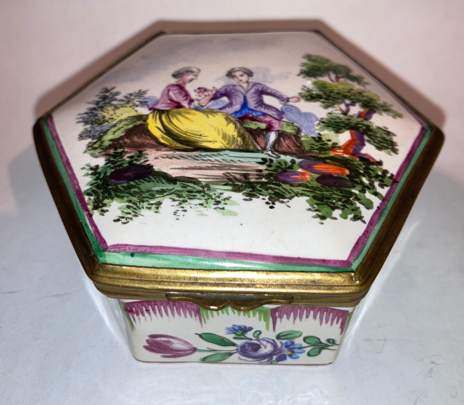 Rare Antique Circa 1750’s French Sceaux Faience Porcelain Tricked Hexagonal Box