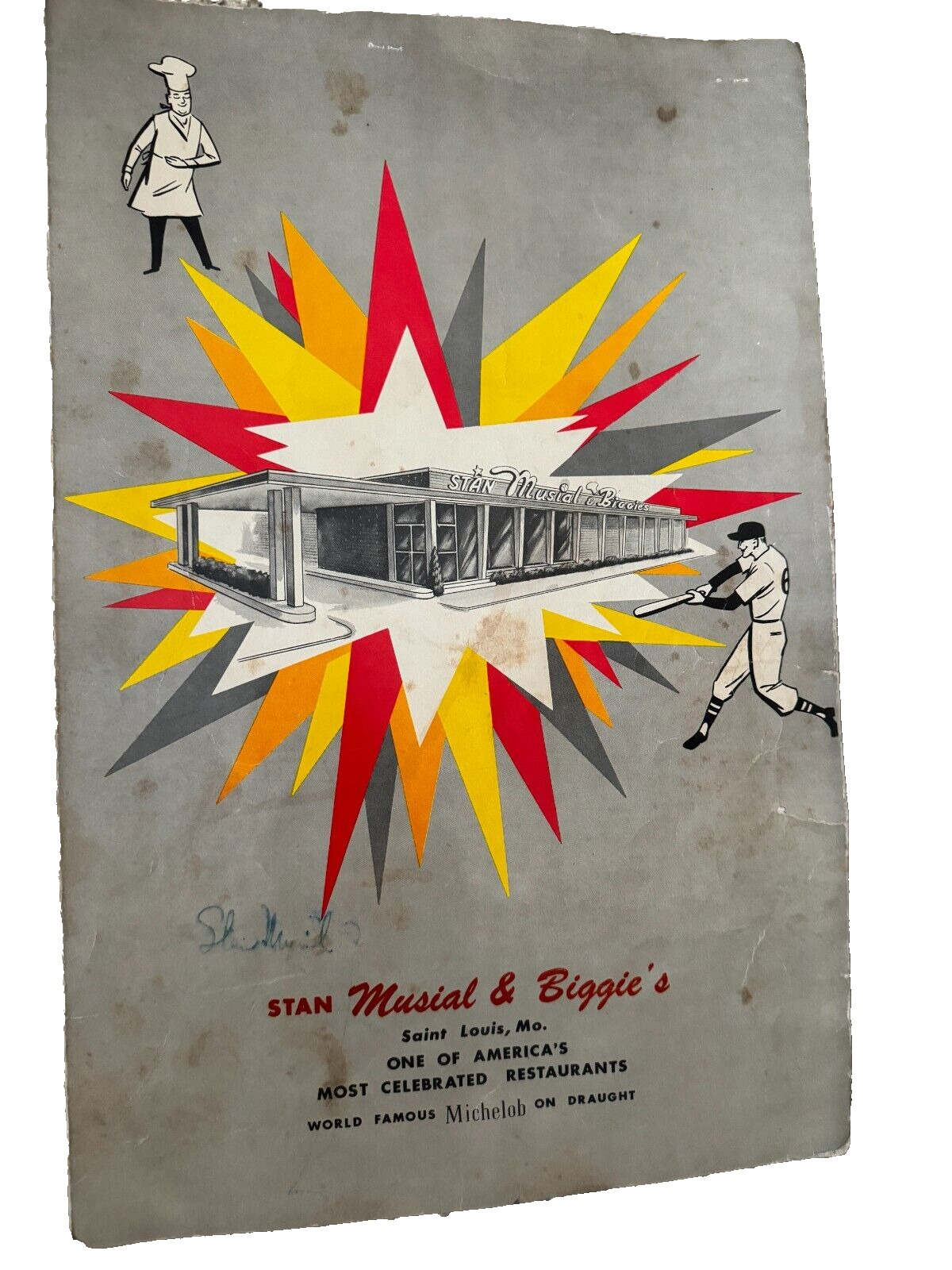 SIGNED Stan Musial & Biggie\'s 1950s Restaurant Menu, St. Louis MO