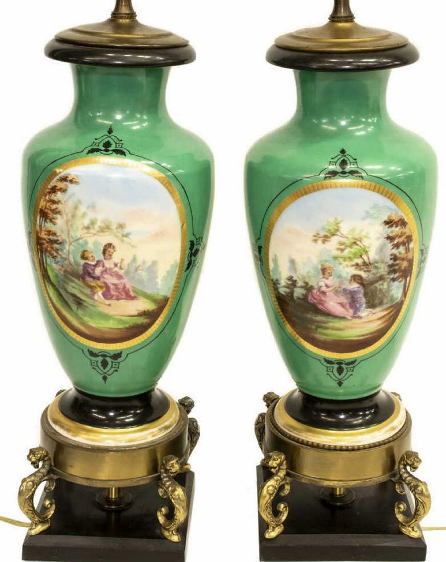 Lamps, Table, Sevres Style Vases, Pair of Gorgeous Green Hand-Painted Vases