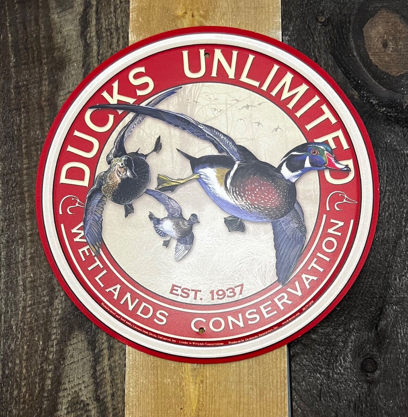 Ducks Unlimited Round HOME GARAGE TIN SIGN Vintage waterfowl hunting 11.75” Wall