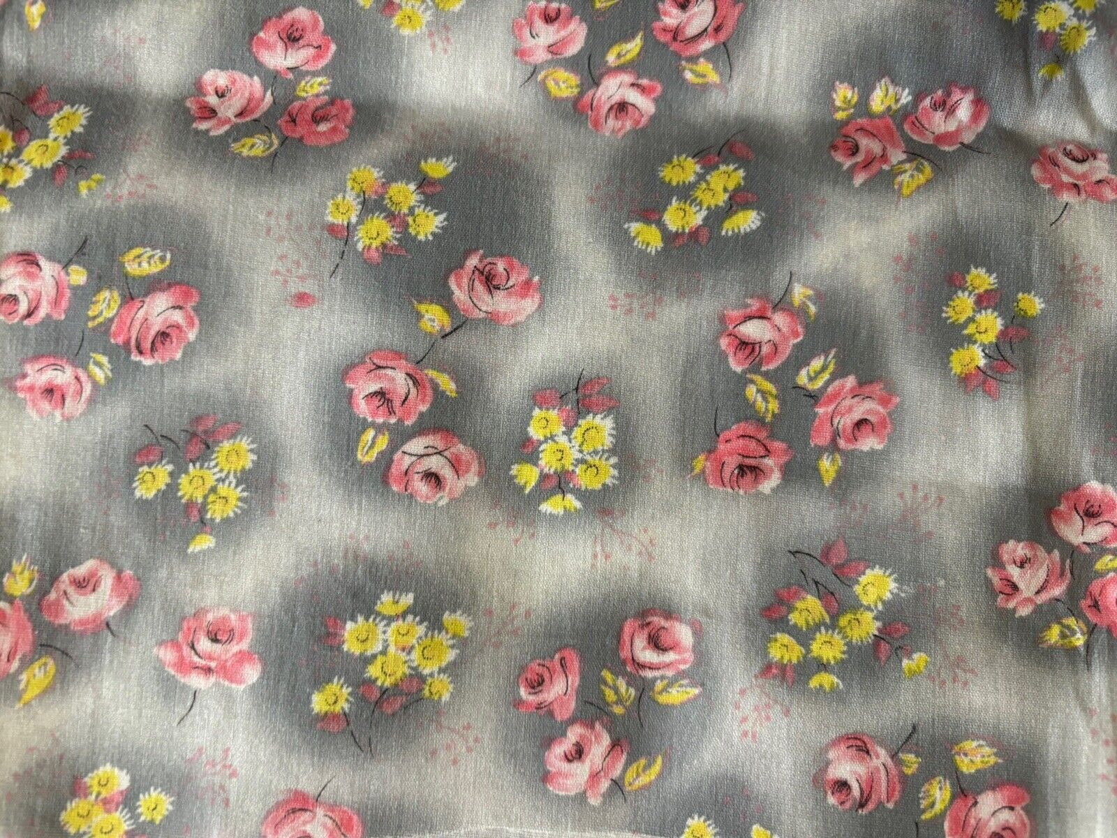 50s Vtg Fabric Pink Yellow Floral Roses 36” W 3 Yds Retro