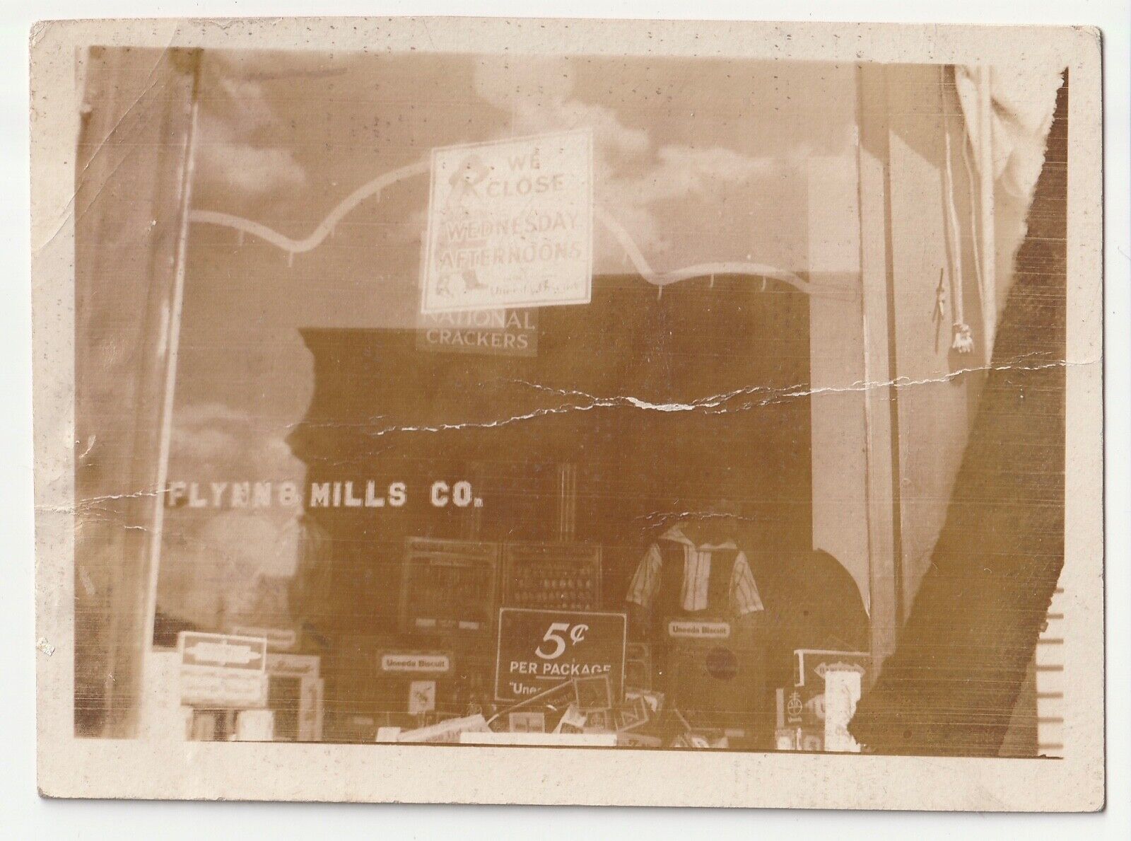 c1930s Flynn & Mills Grocery Worcester MA Window Kid Uneeda Biscuits Sepia Photo