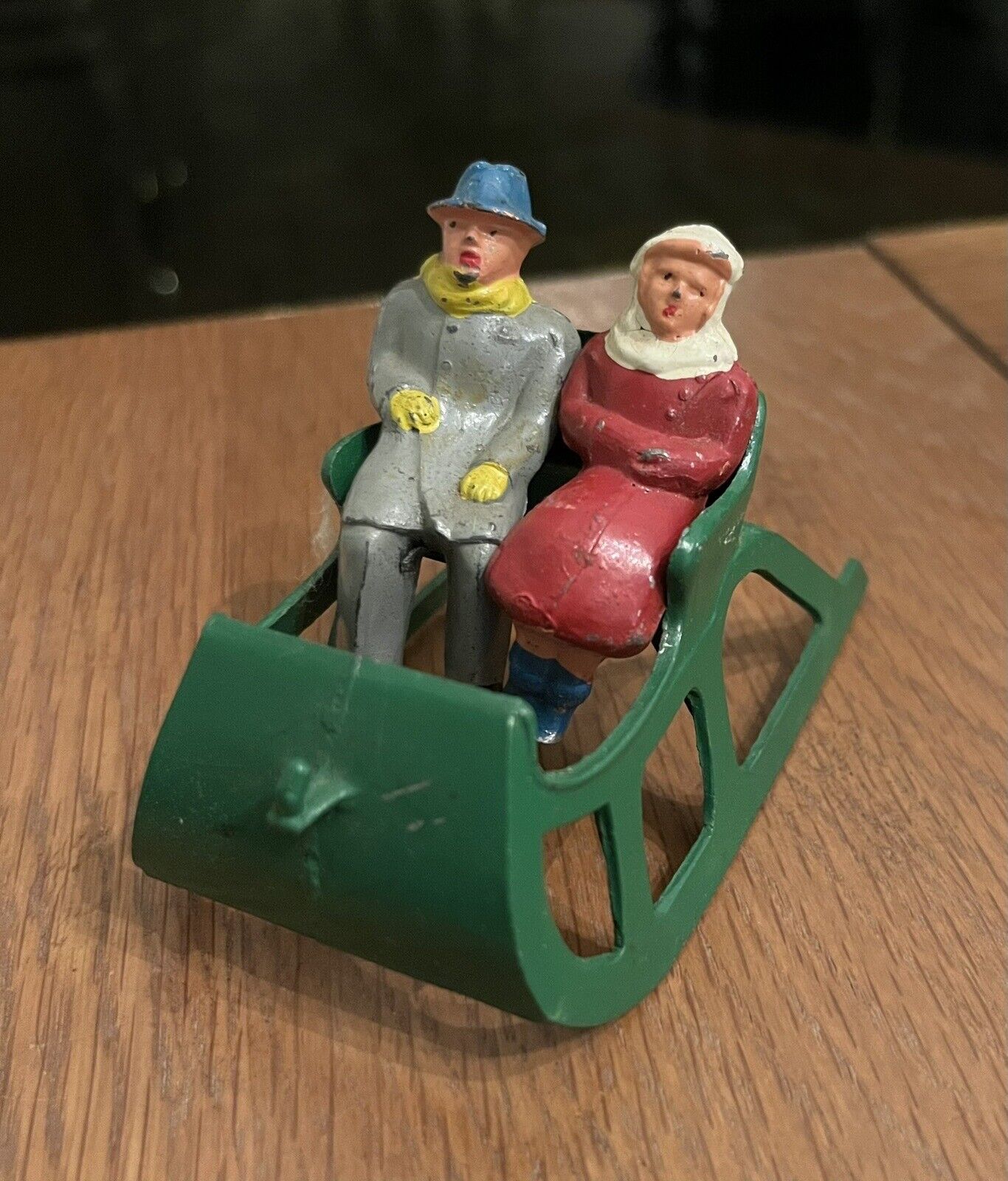 Vintage Cast Metal Couple on Sled Barclay Manoil Christmas