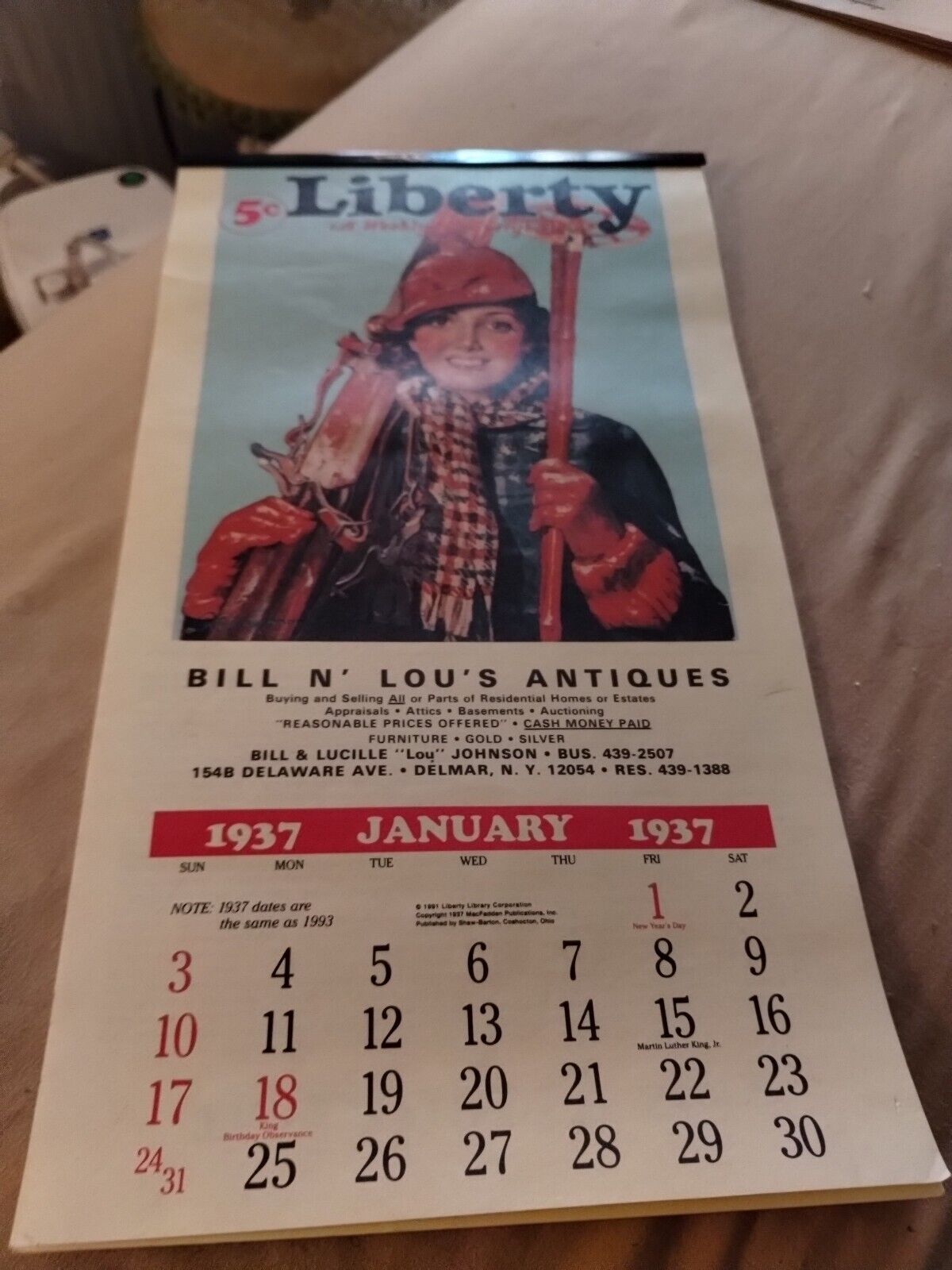 Vintage 1939 Calendar Bill N\' Lou\'s Antiques Delmar Ny