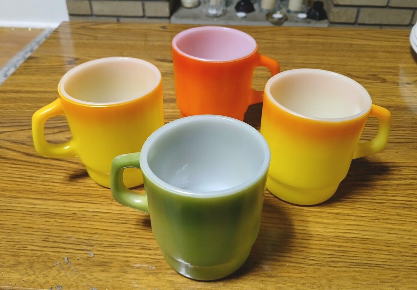 4 Vintage Retro Fire King Anchor Hocking Stackable Multi Color Coffee Mugs 8oz