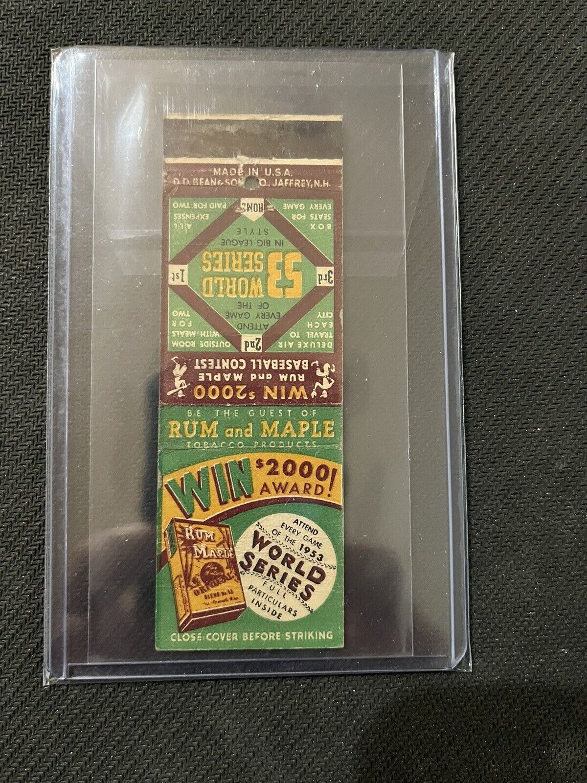1953 MLB Baseball World Series Contest Rum & Maple Tobacco Matchcover UNUSED