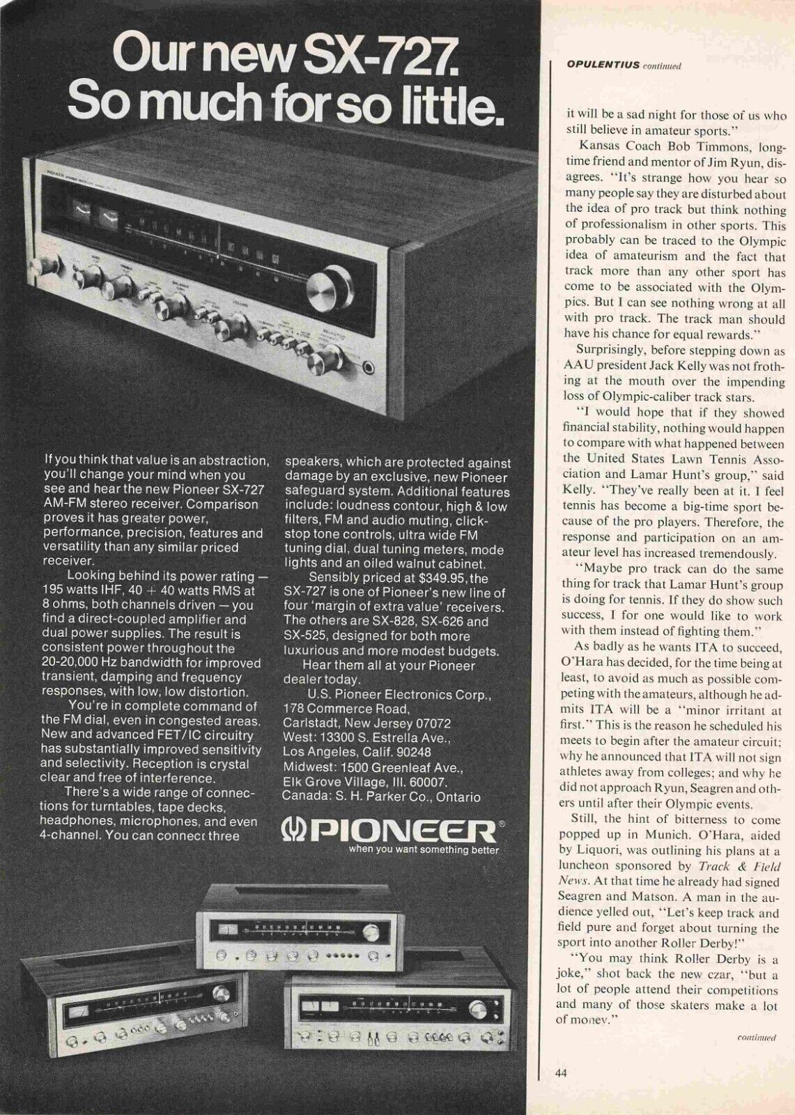 Pioneer Sx-727 Am-Fm Stereo Receiver 1970\'S Print Advertisement