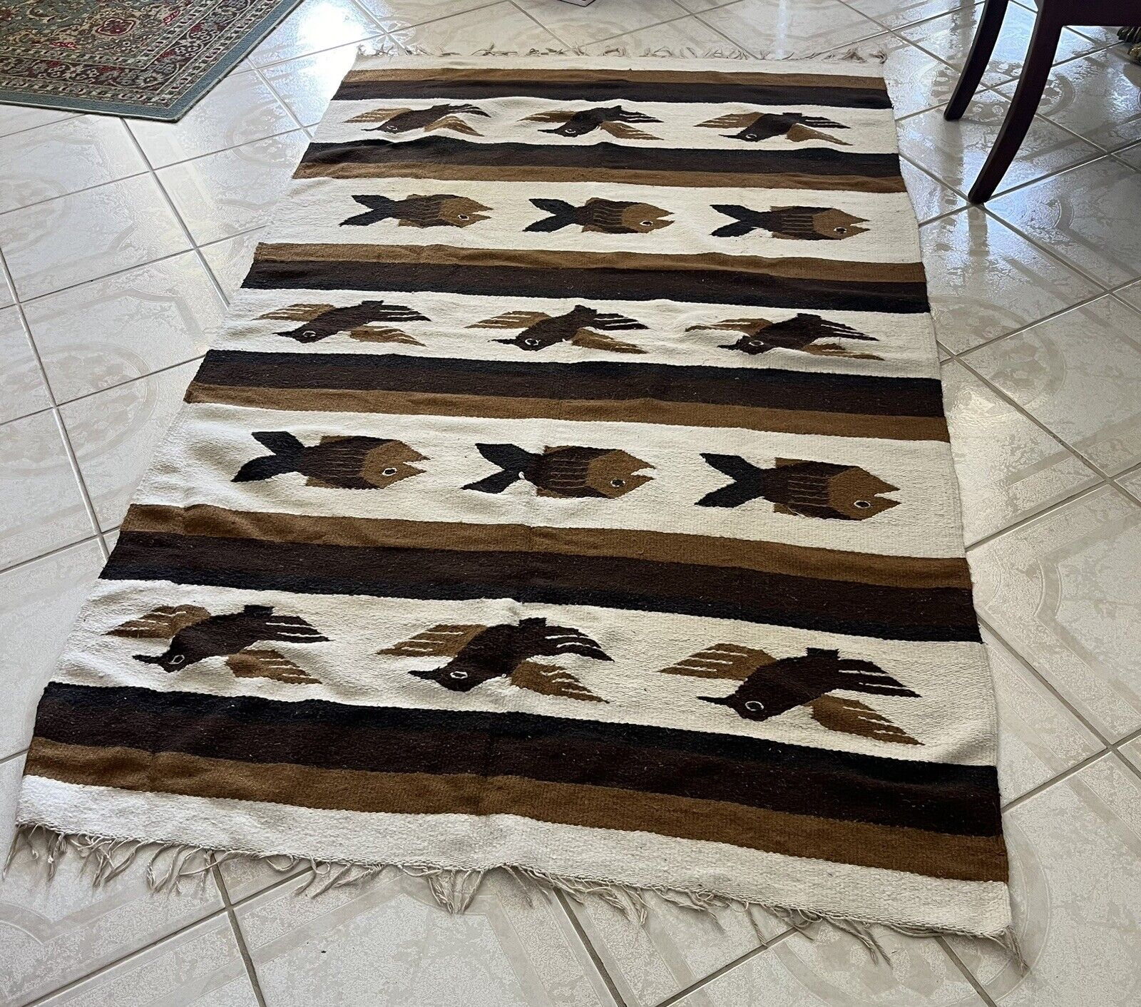 Vintage Southwest Native Aztec Bird Fish Blanket Tapestry 81” X 50” Brown