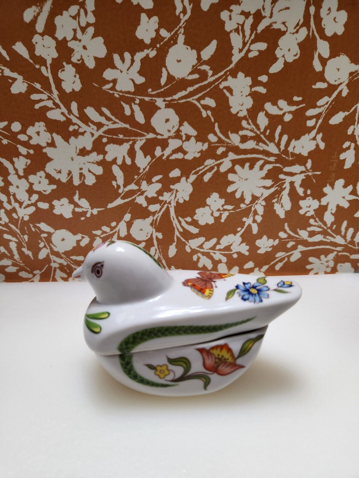 Vintage Prestige 1980 Bird trinket box porcelain floral & Butterfly 4”