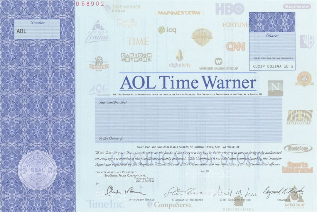 AOL Time Warner - Specimen Stock Certificate - Specimen Stocks & Bonds