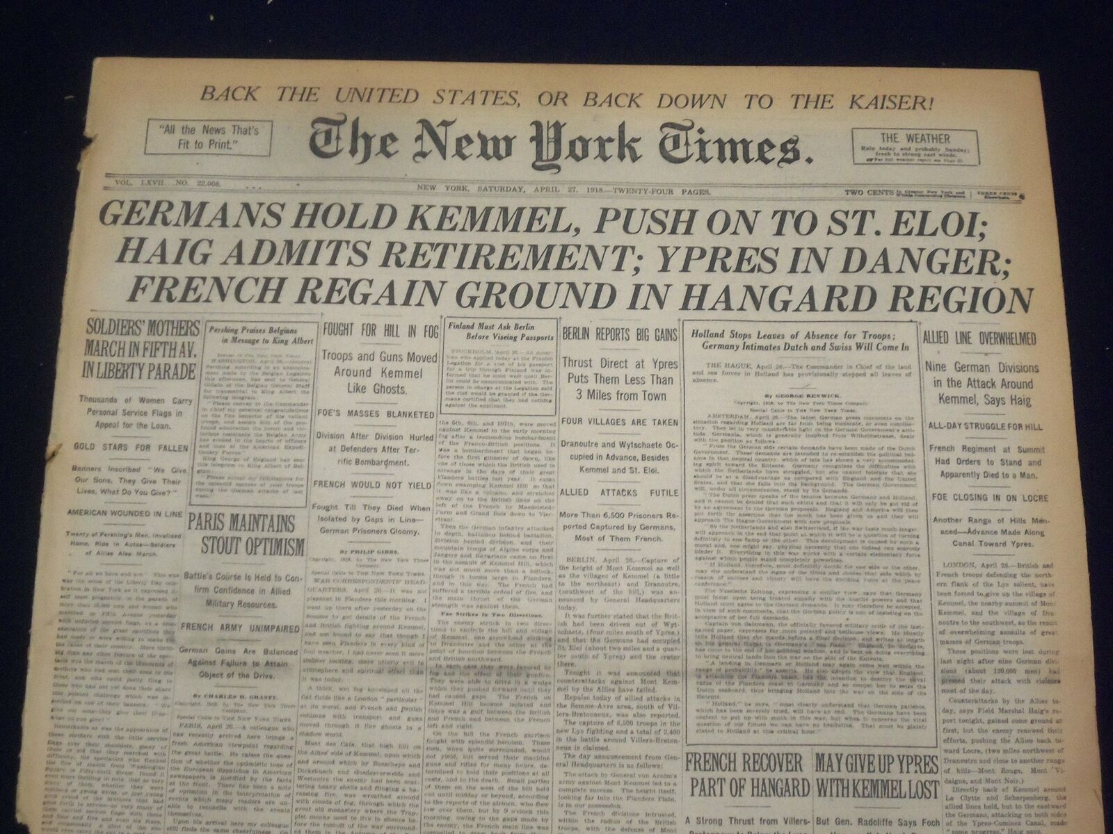 1918 APRIL 27 NEW YORK TIMES - GERMANS HOLD KEMMEL PUSH TO ST. ELOI - NT 8215