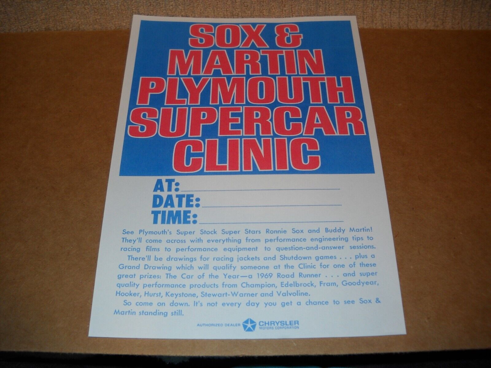 NOS Late 60\'s Early 70\'s Sox & Martin Supercar Clinic Dealership Bulletin/Flyer