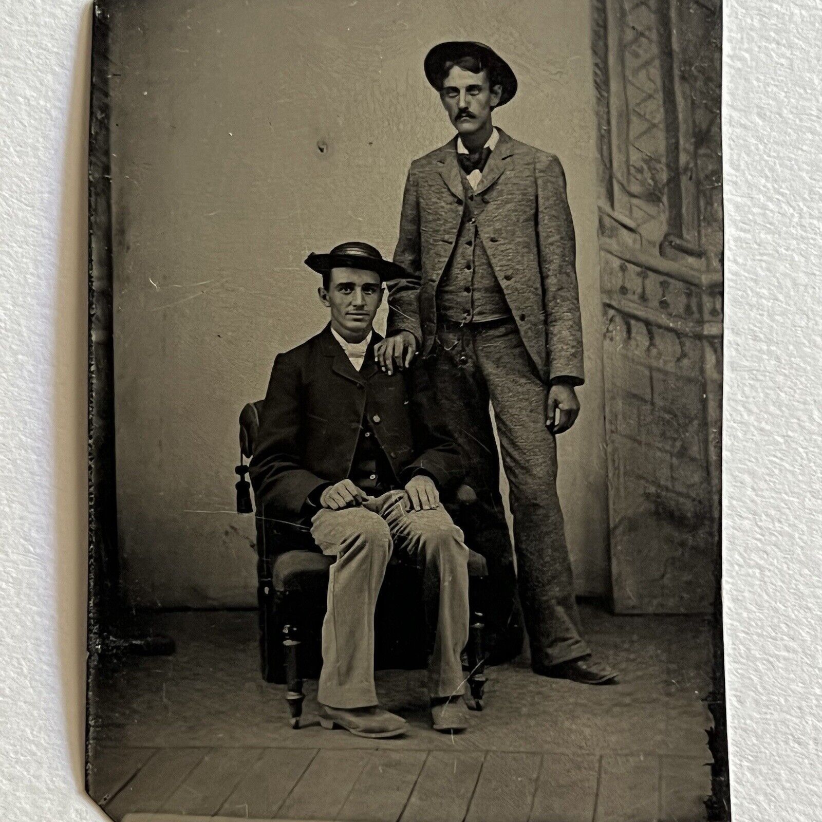 Antique Tintype Photograph Handsome Dapper Men Great Attire Hats Affectionate
