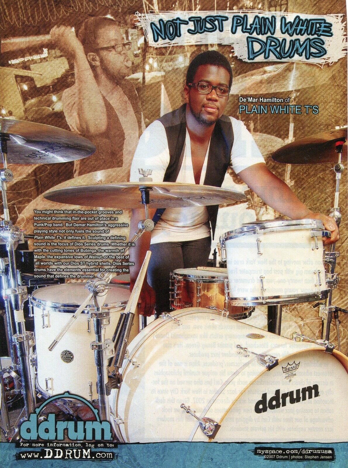 2007 Print Ad of ddrum Dios Drum Kit w De\'Mar Hamilton of Pain White T\'s