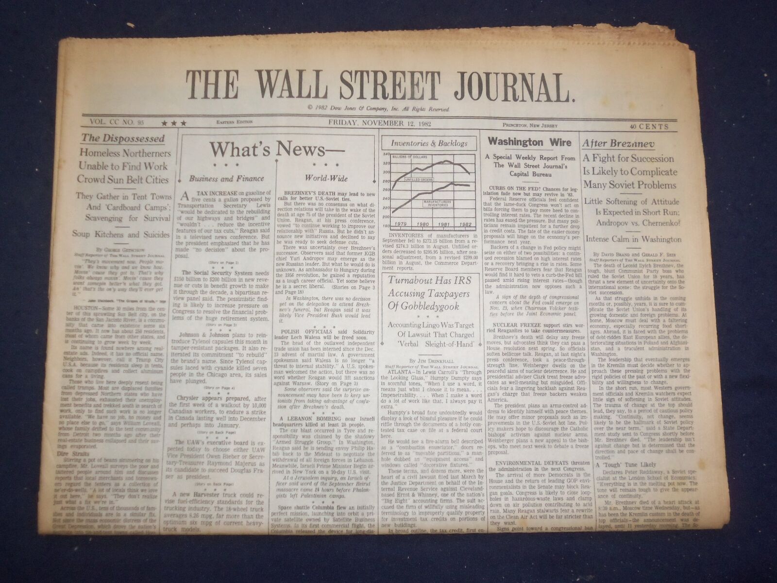 1982 NOV 12 THE WALL STREET JOURNAL - HOMELESS NORTHERNERS, NO WORK - WJ 379