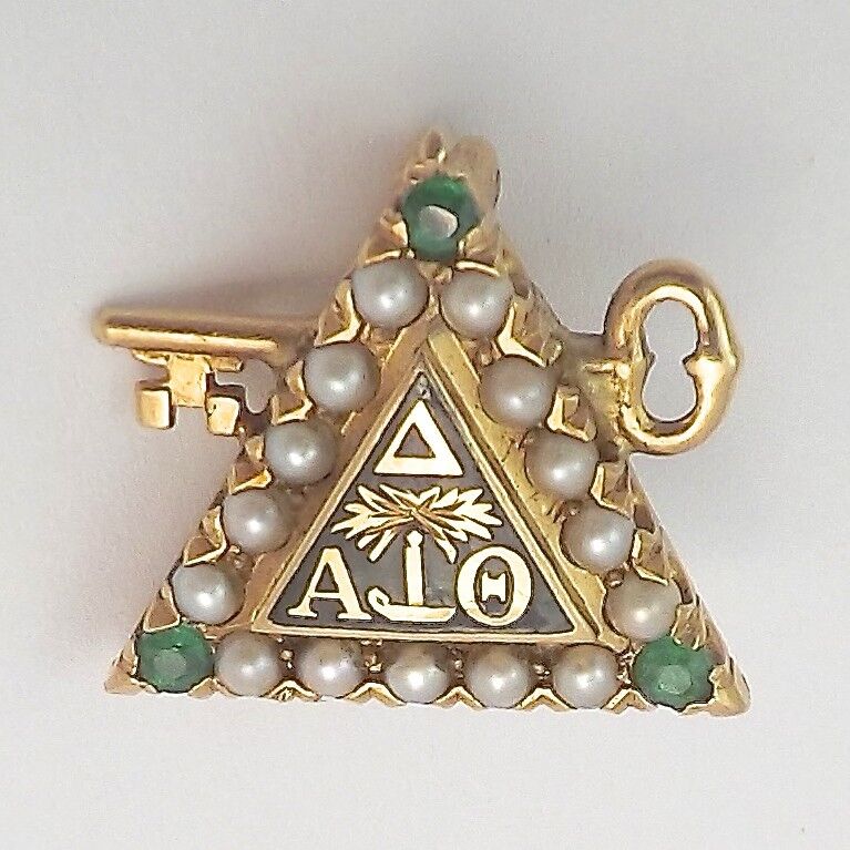 Antique Delta Alpha Theta 14k Gold Seed Pearl Emerald Key Fraternity Pin