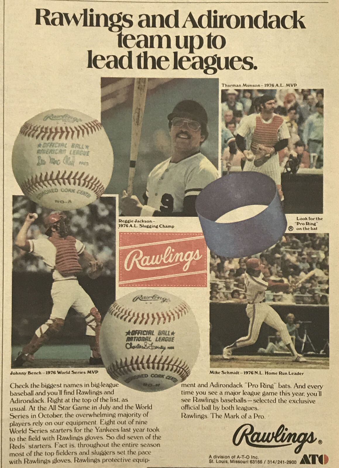 1977 Johnny Bench Newsprint Ad Rawlings/Adirondack Munson, Reggie Jackson 7”x10”