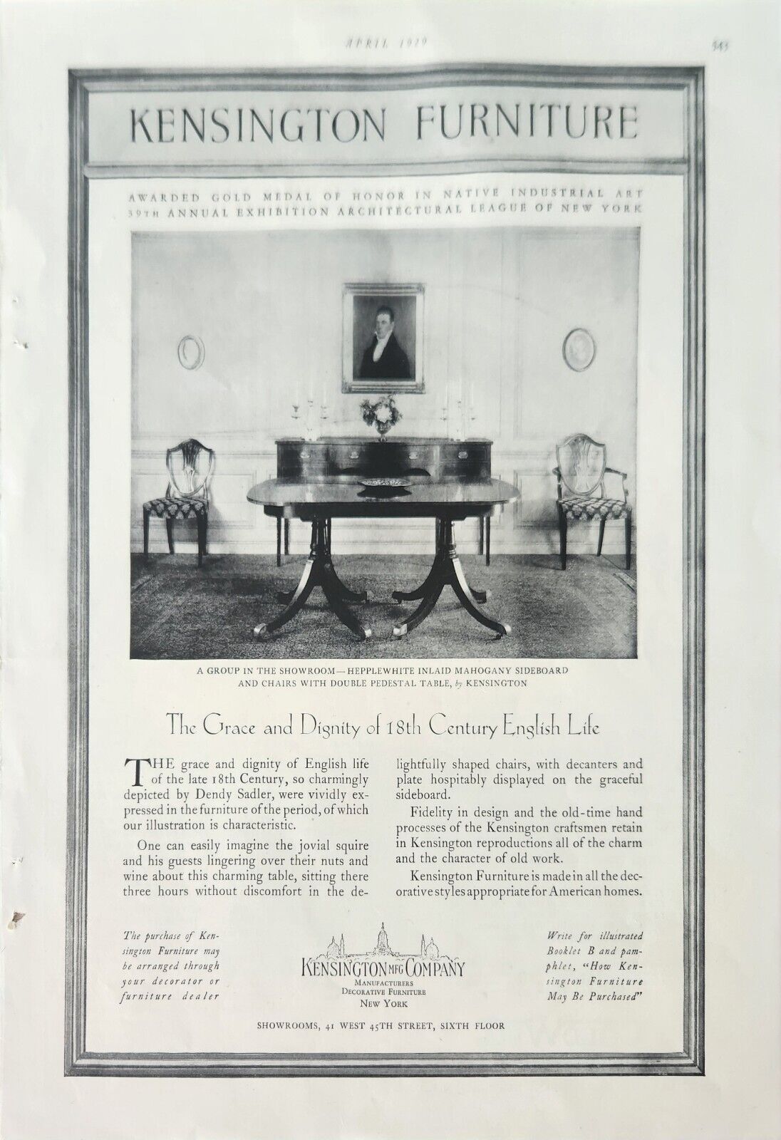 1929 Kensington MFG Company Vintage Ad Hepplewhite Inlaid Mahogany sideboard