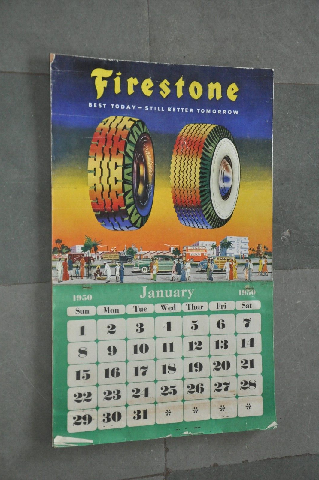 Vintage Firestone Tyre\'s Ad 1950 Calendar Litho Paper Sign Board