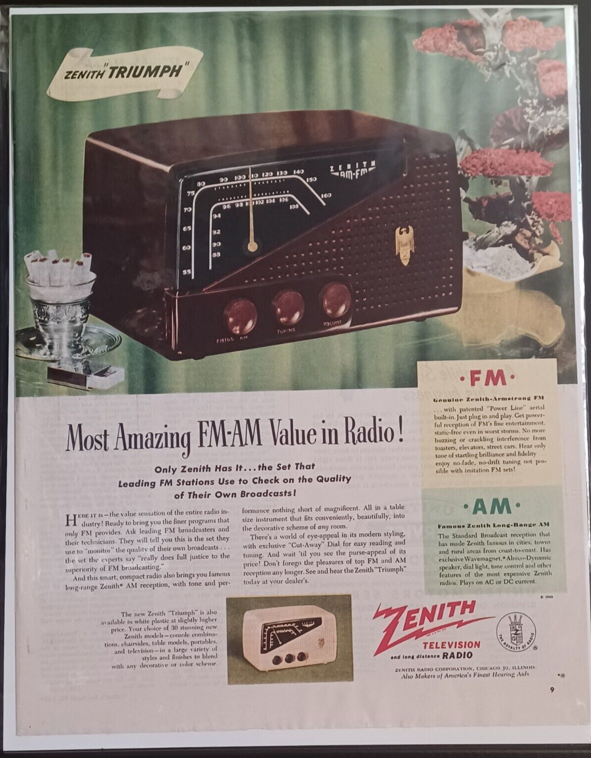 1949 Zenith Radio Vintage Print Ad 1940s Amazing Long Distance FM AM Stations