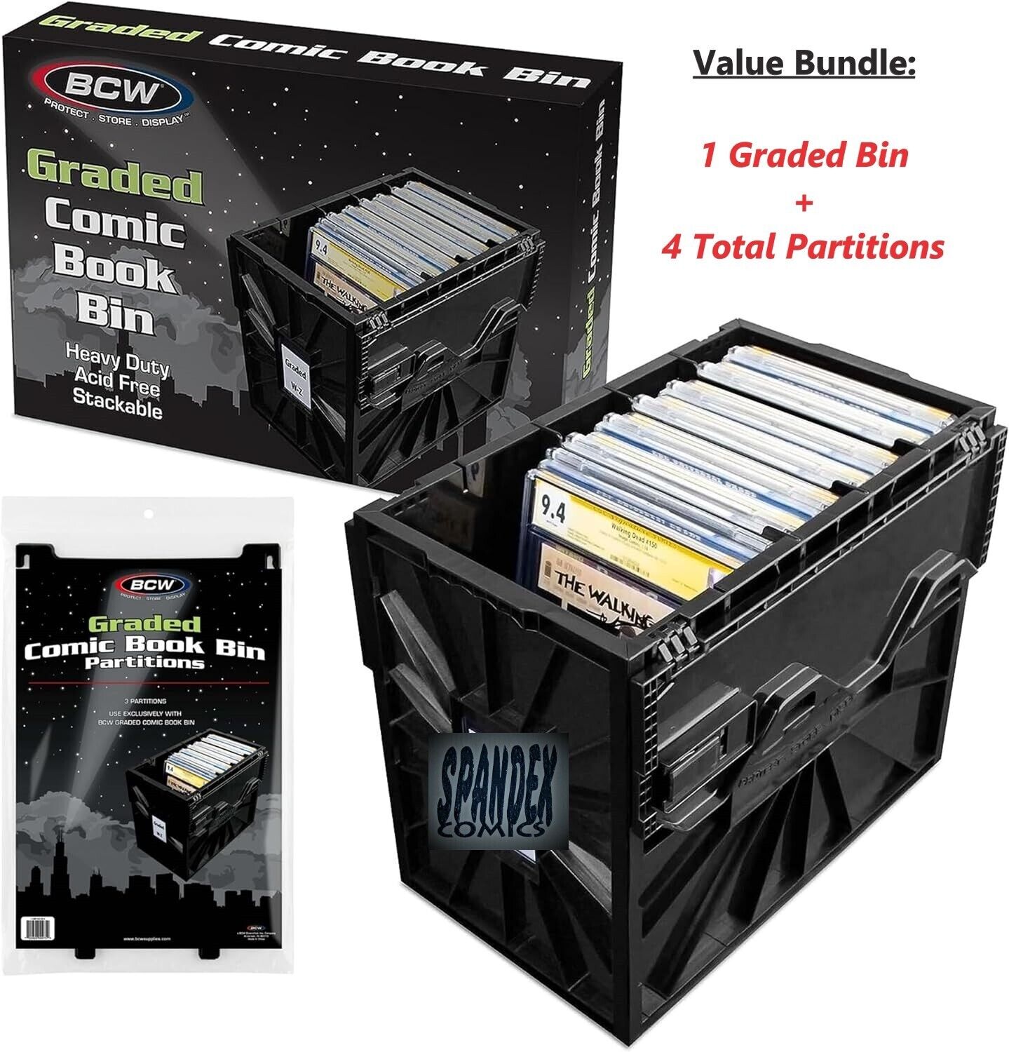 BCW Black Graded Comic Book Bin & Extra Partitions Bundle - 4 Partitions Total
